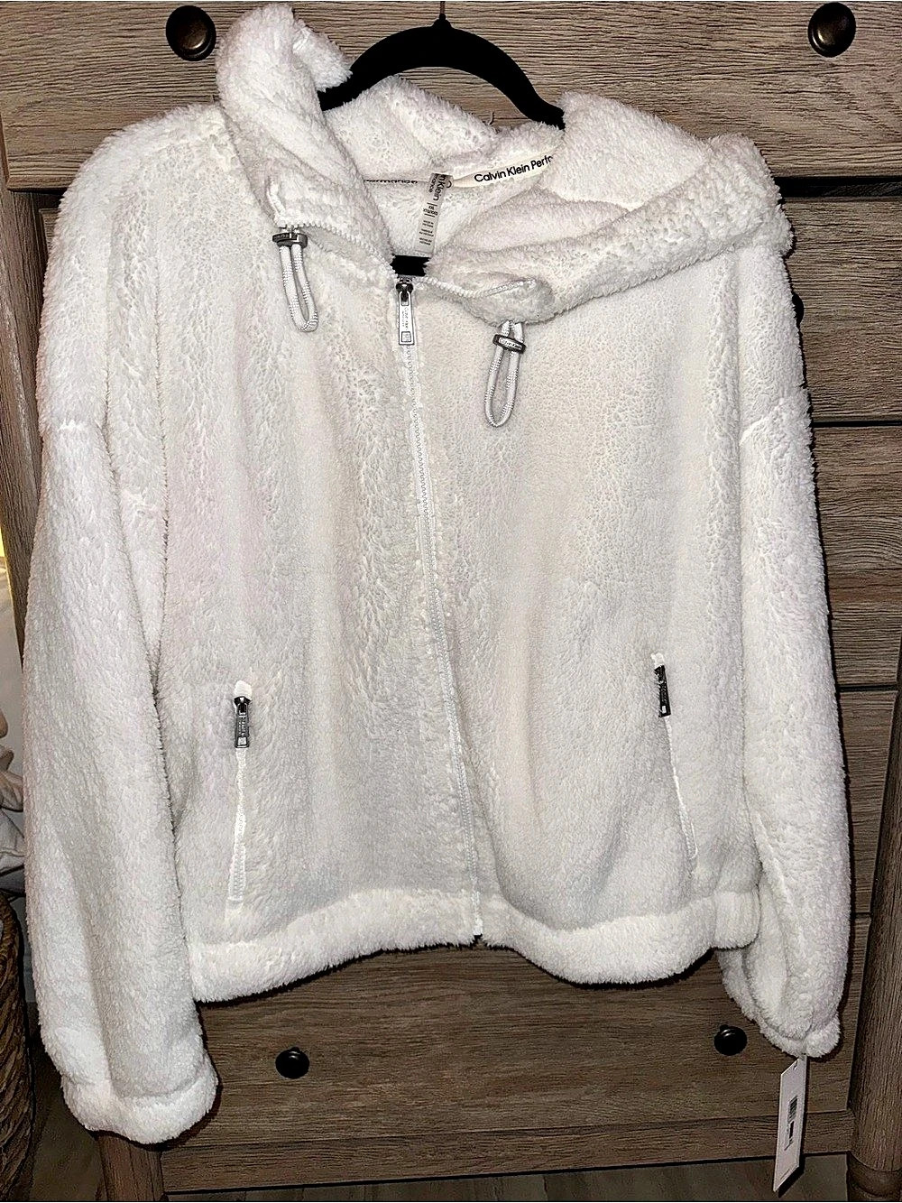 Calvin Klein Performance Sherpa Zip-Front Hoodie White Teddy Jacket XXL